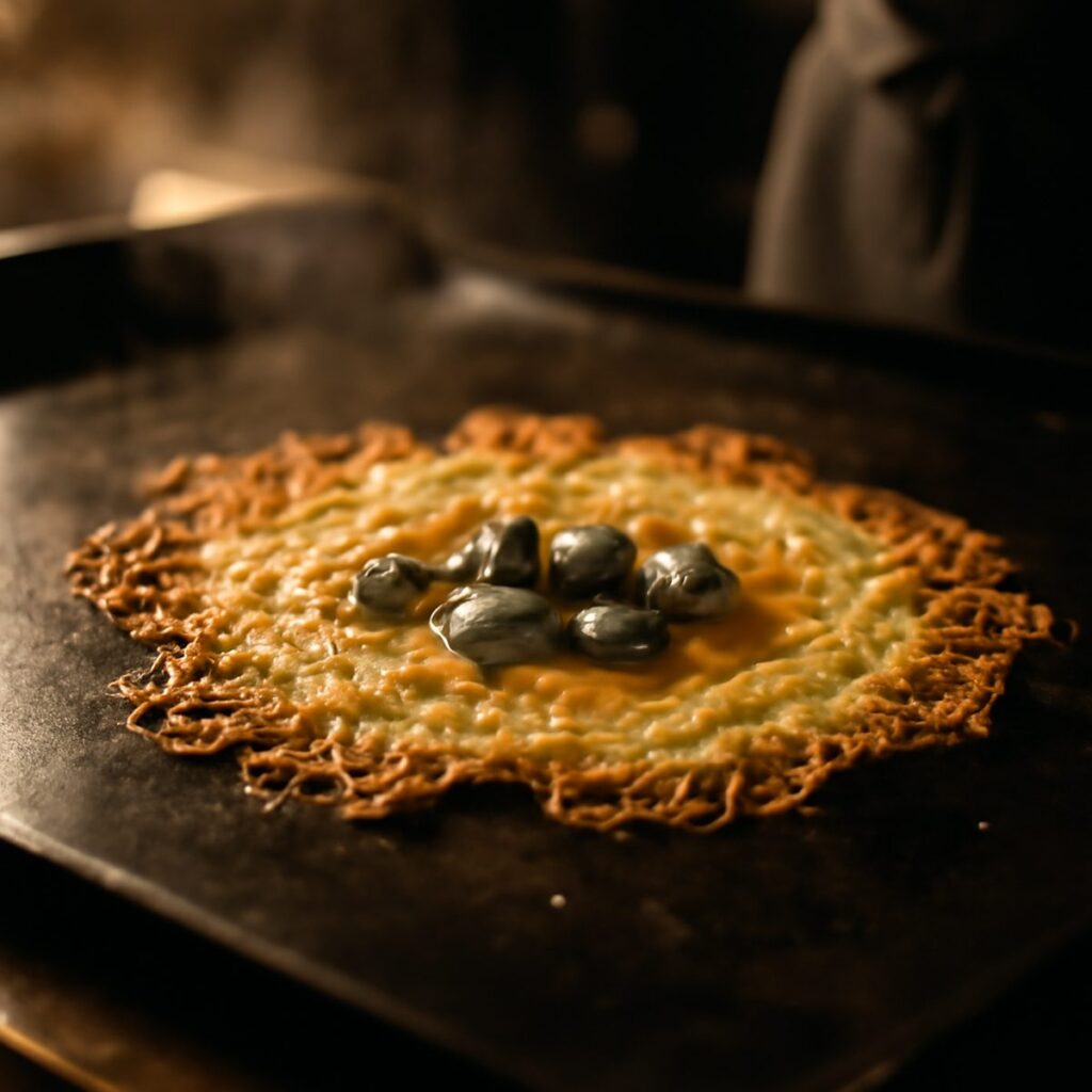 Sizzling oyster omelette with crisp lacy edges on a blackened wok