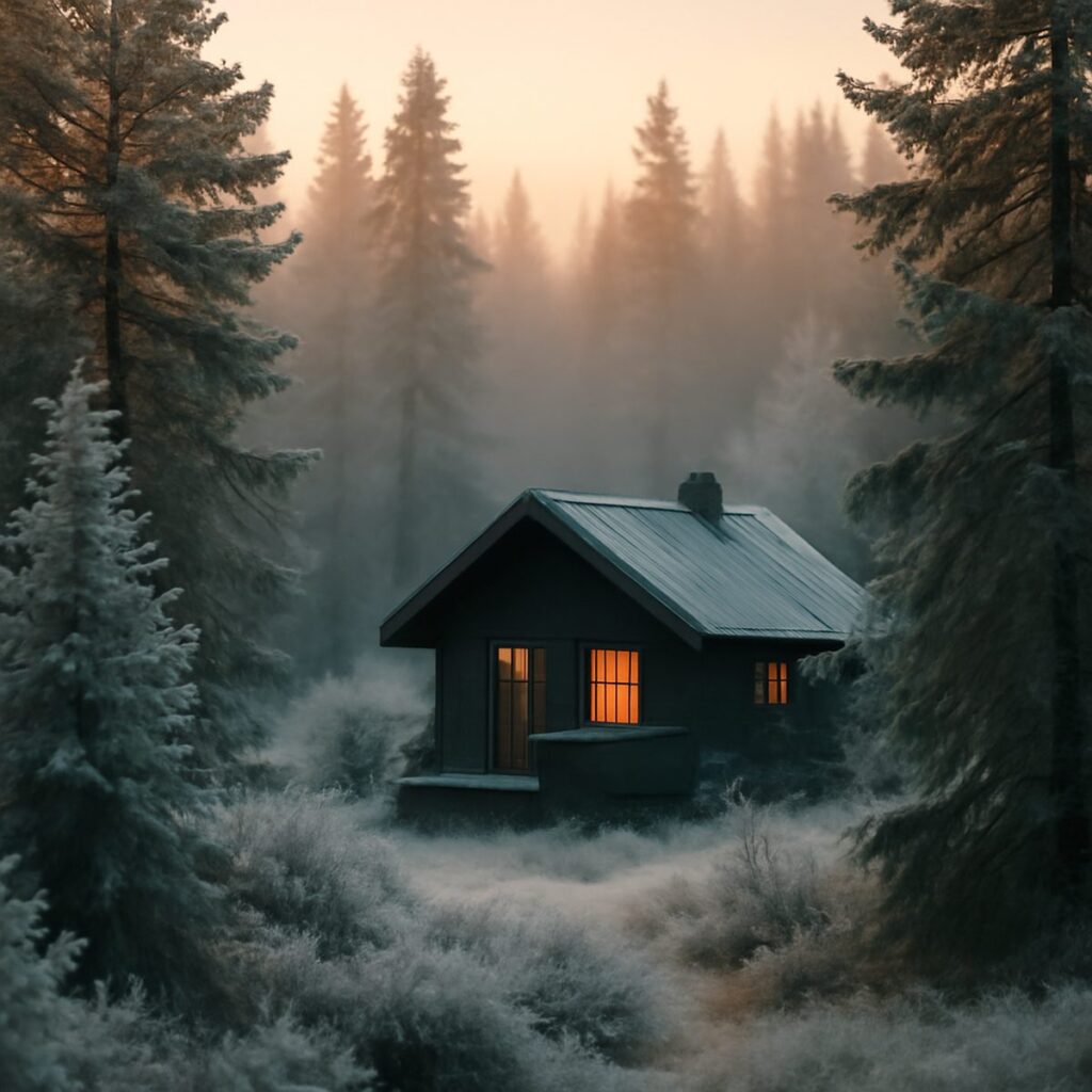 Frost-covered pine forest with a wooden lodge visible through the mist