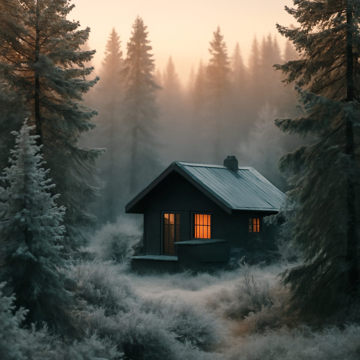 Frost-covered pine forest with a wooden lodge visible through the mist