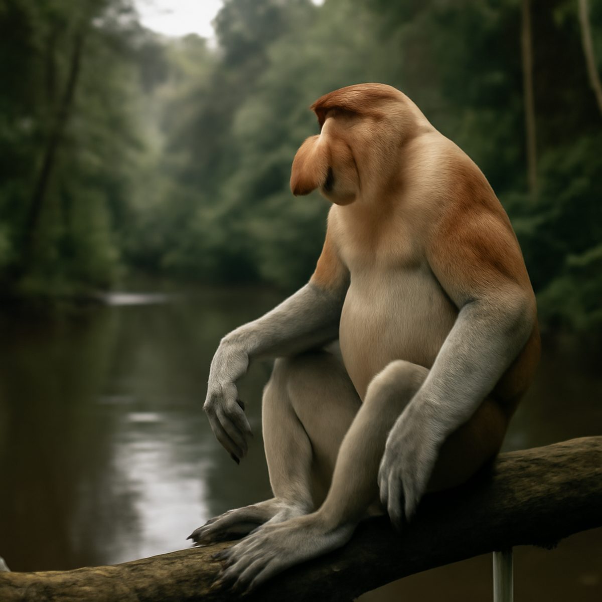 Proboscis monkey perched on a riverside branch at golden hour