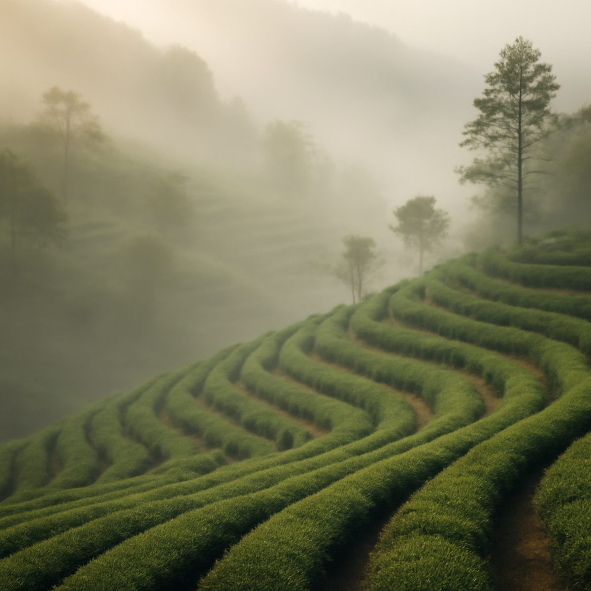 Rows of tea bushes climbing a misty green hillside at dawn