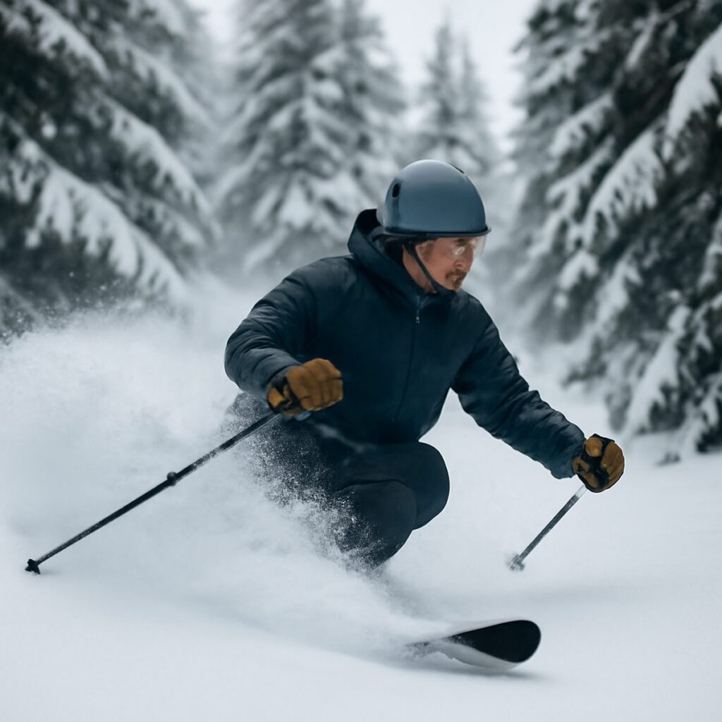 Skier descending a powder-covered slope beneath snow-laden pine trees