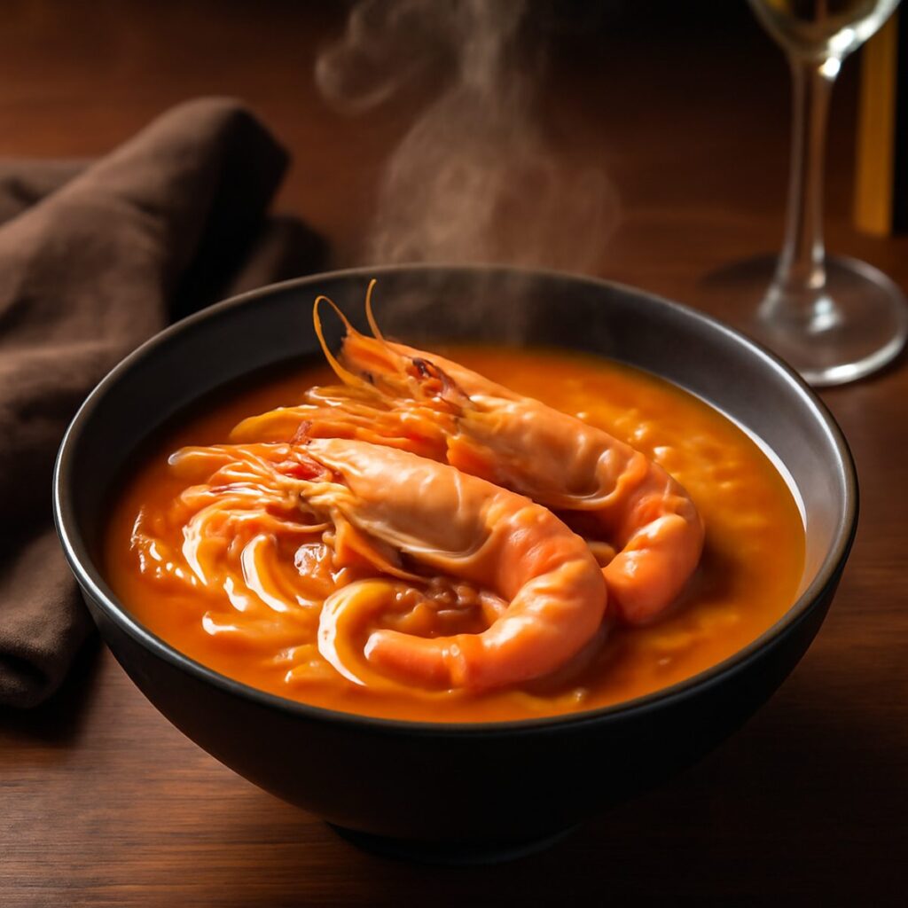 steaming bowl of amber prawn noodle soup with whole prawns and pork ribs