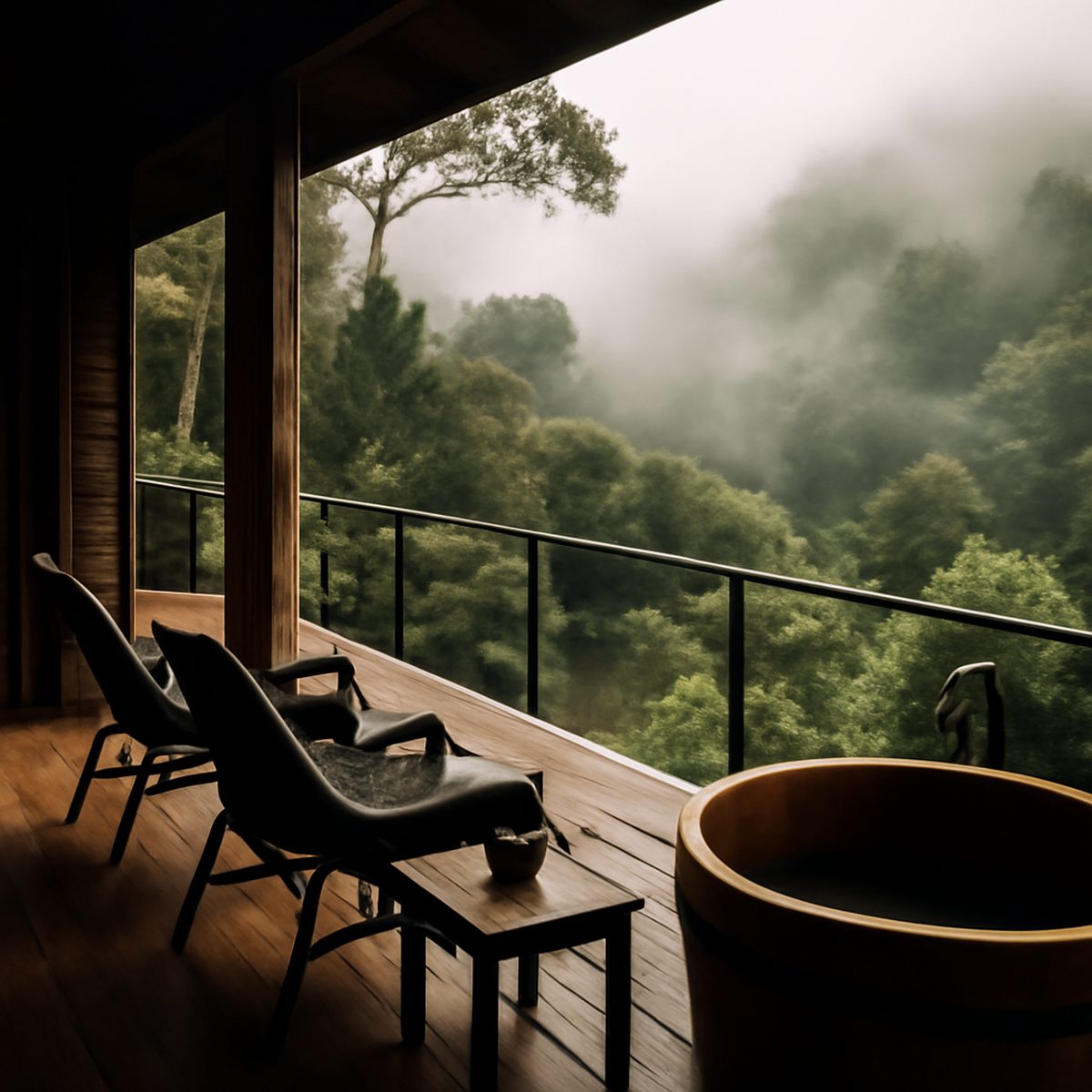 Timber lodge deck overlooking dense rainforest canopy at dawn