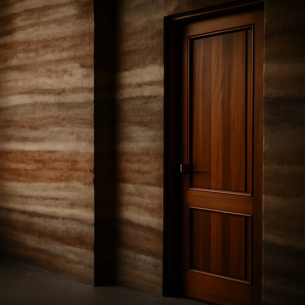 Textured rammed-earth wall with layered ochre stripes beside a wooden door
