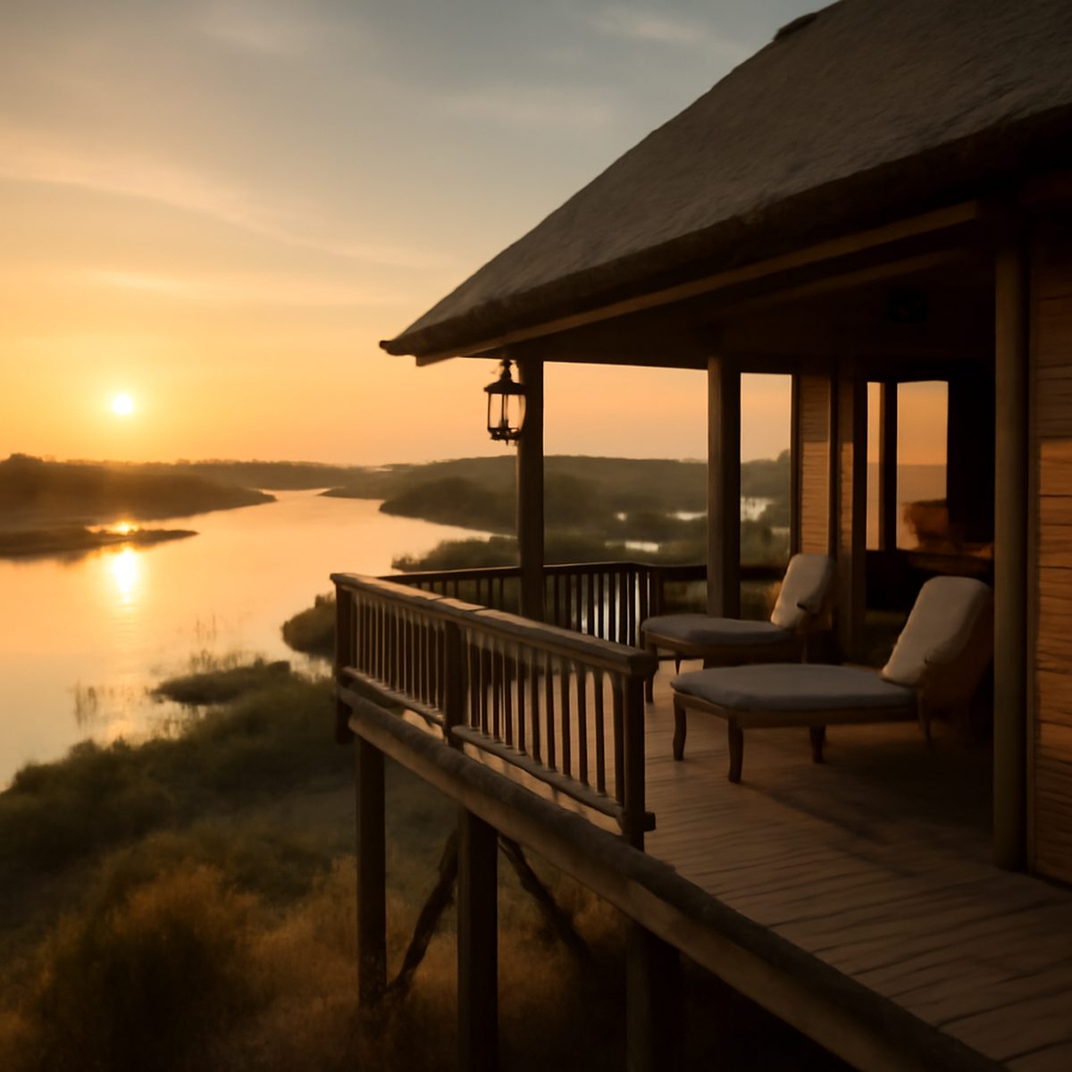 Wooden lodge on stilts overlooking a wide calm river delta at dawn