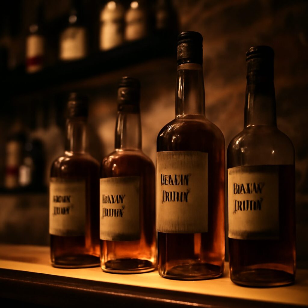 Rows of aged rum bottles lit warmly along a bar back shelf