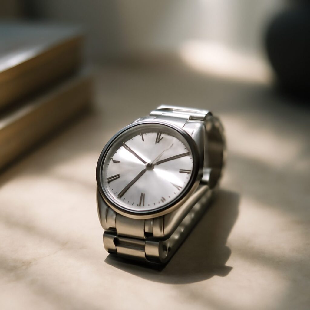 Watch with a silver dial and steel bracelet photographed in soft daylight