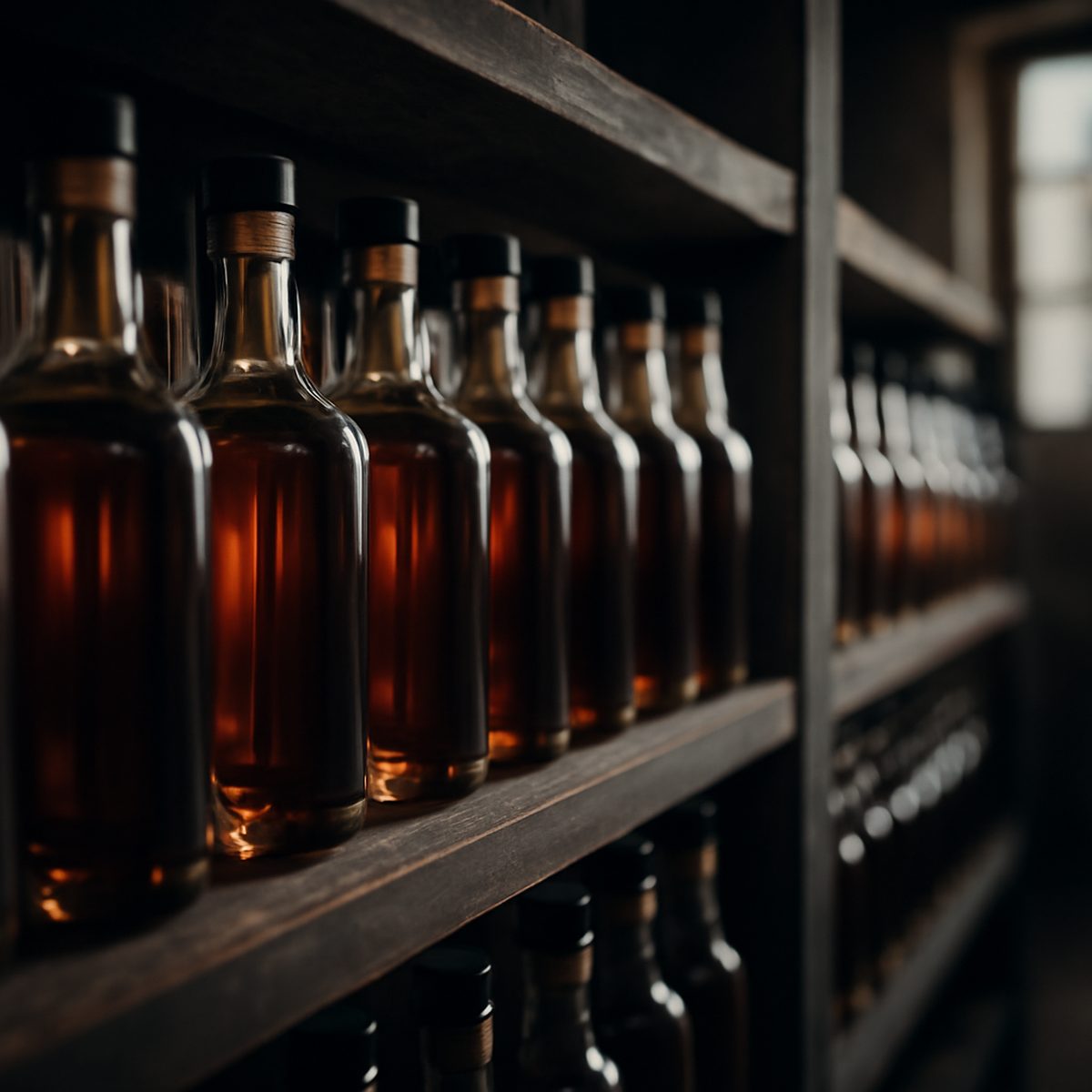 rows of amber spirit bottles on wooden shelf inside dim distillery