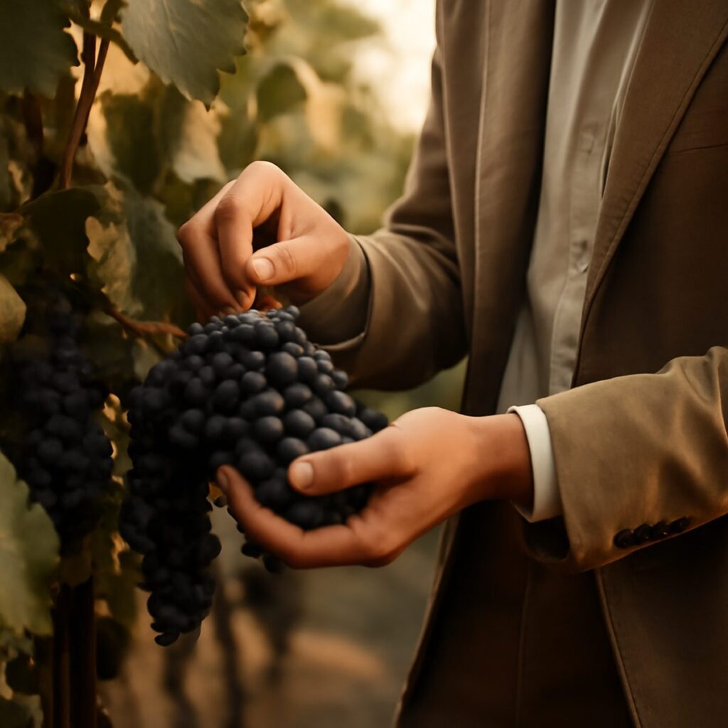 Winemaker inspecting grape clusters by hand in small vineyard row