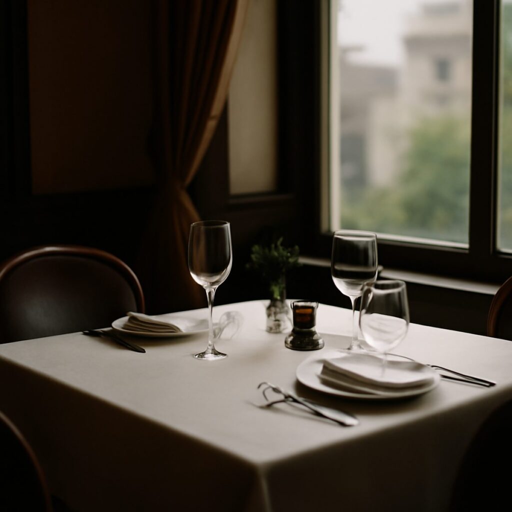 two place settings at a quiet restaurant table near a window