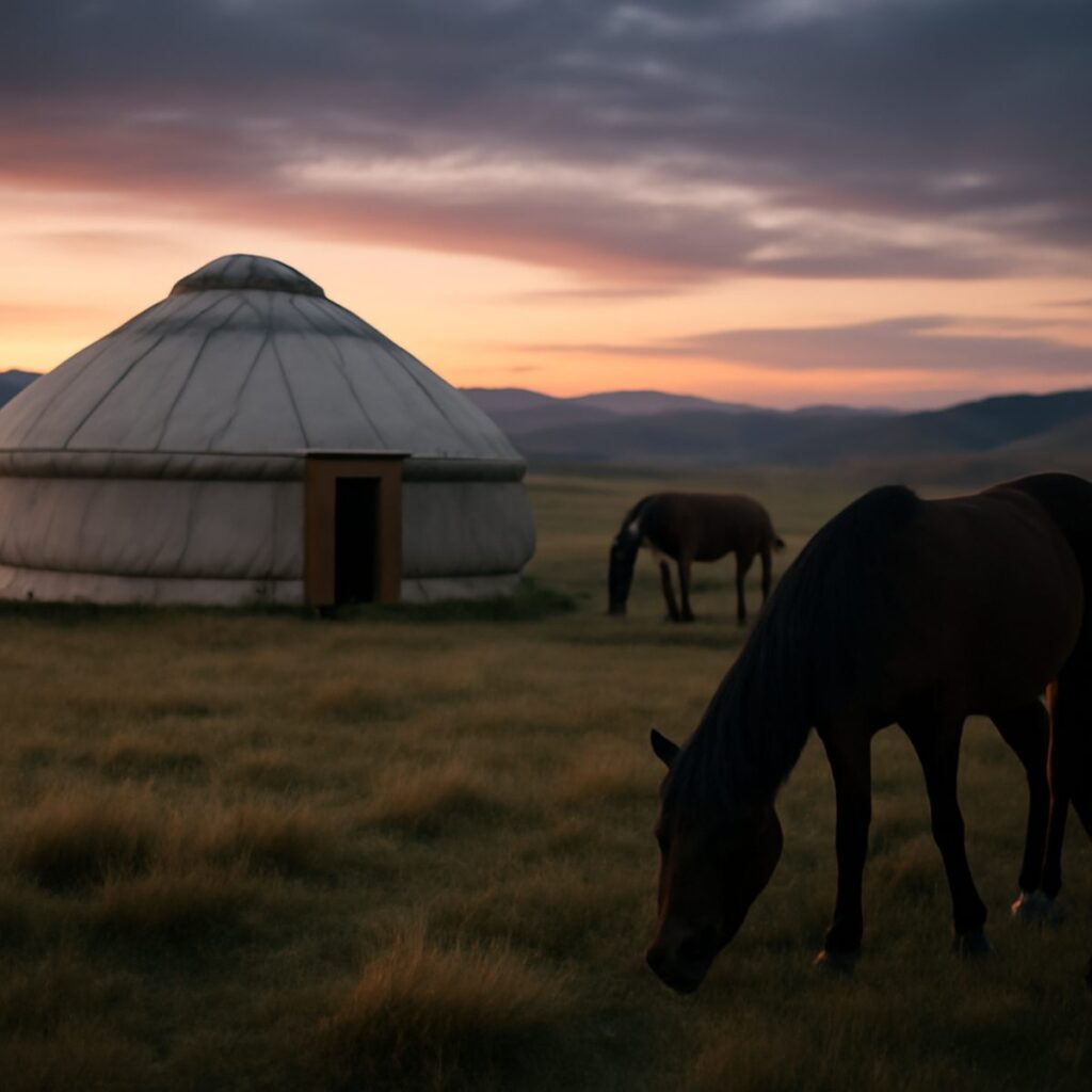 Wide grassland plain with a single yurt and horses grazing at dusk