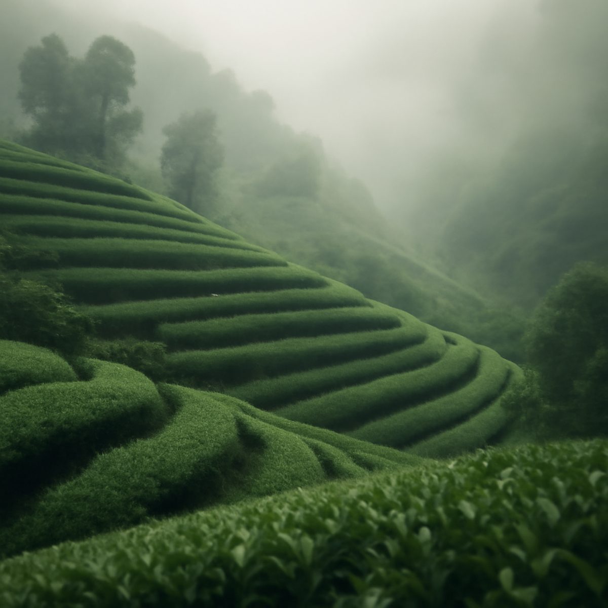 Misty tea plantation terraces climbing a green hillside at dawn
