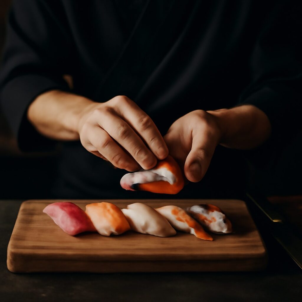 Chef's hands placing nigiri sushi pieces on a wooden counter