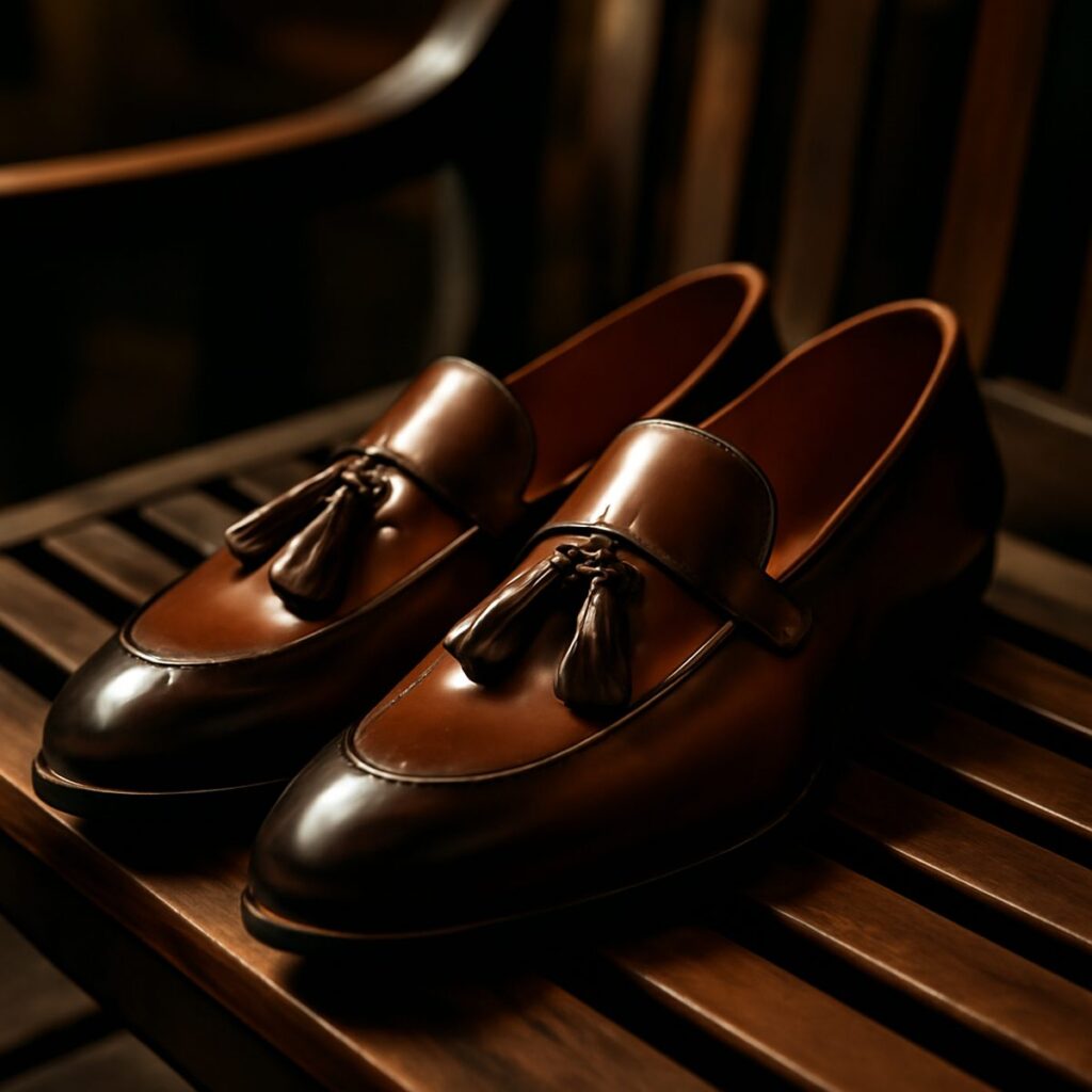 polished brown leather tassel loafers resting on a wooden bench