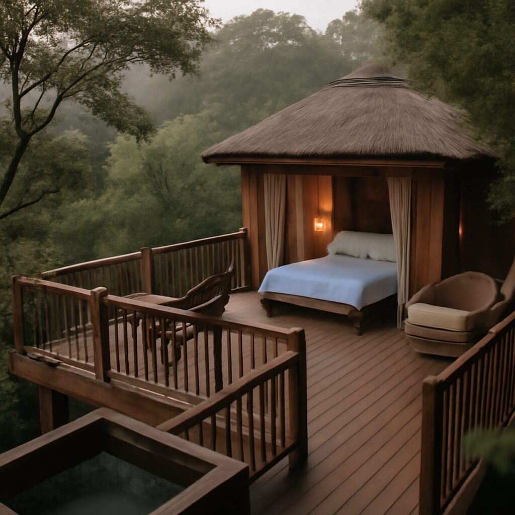 elevated wooden treehouse suite with open deck surrounded by rainforest canopy