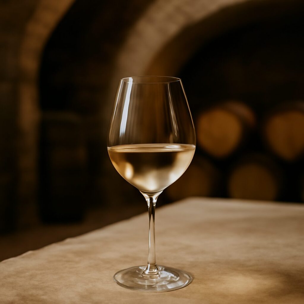 glass of pale gold Vouvray white wine beside a chalky limestone cellar wall