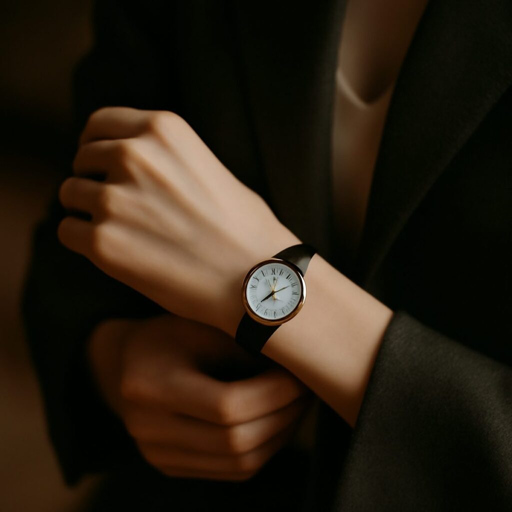 Vintage-proportioned wristwatch with slim case worn on a narrow wrist