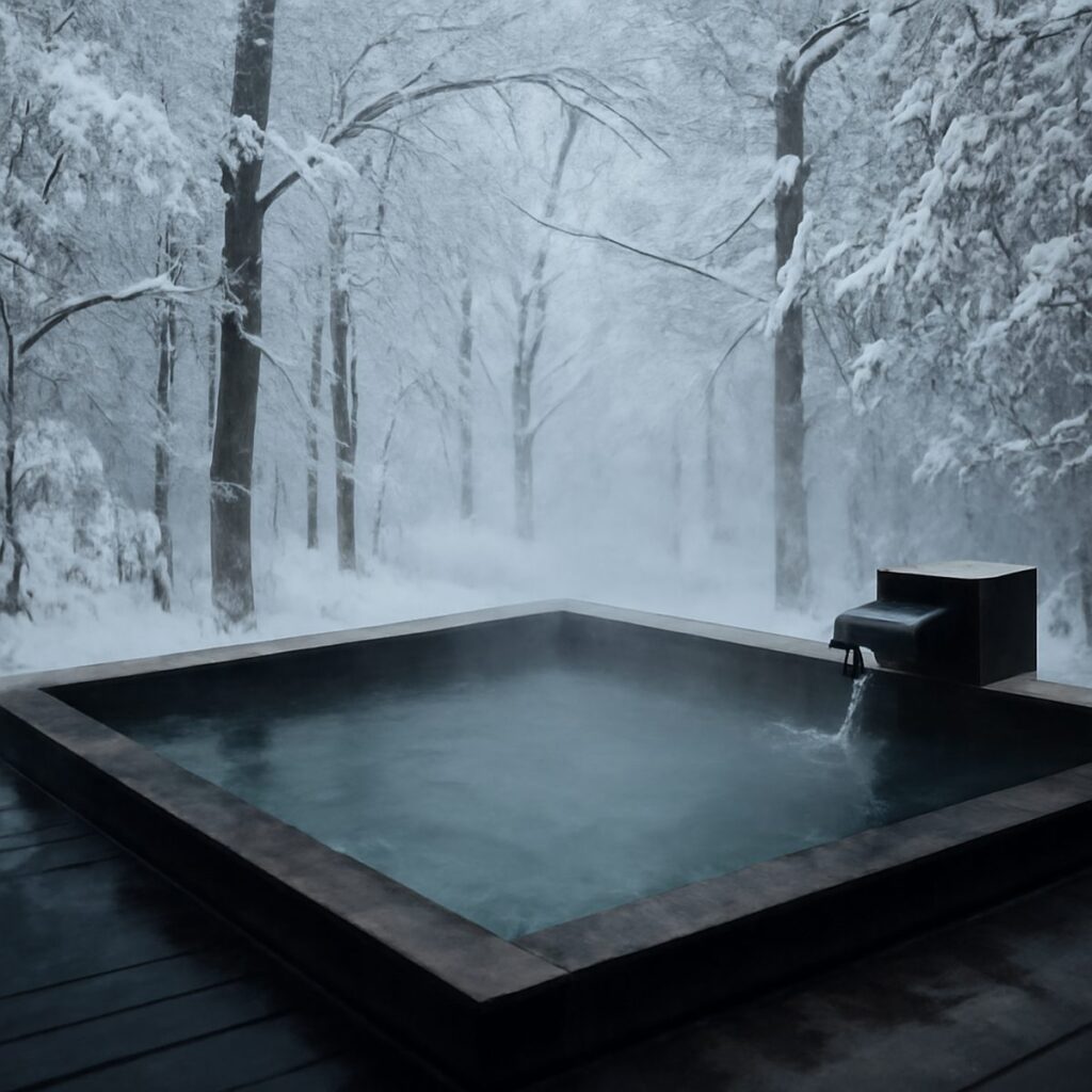 Snow-laden trees beside a steaming outdoor hot spring bath at dusk