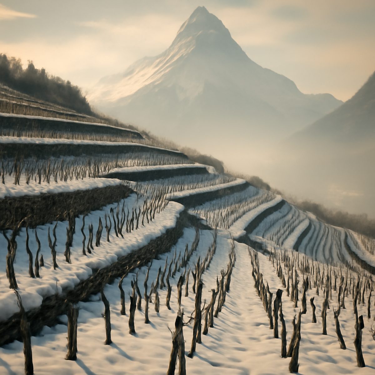 Snow-dusted vineyard hills with a distant snow-capped mountain at dusk