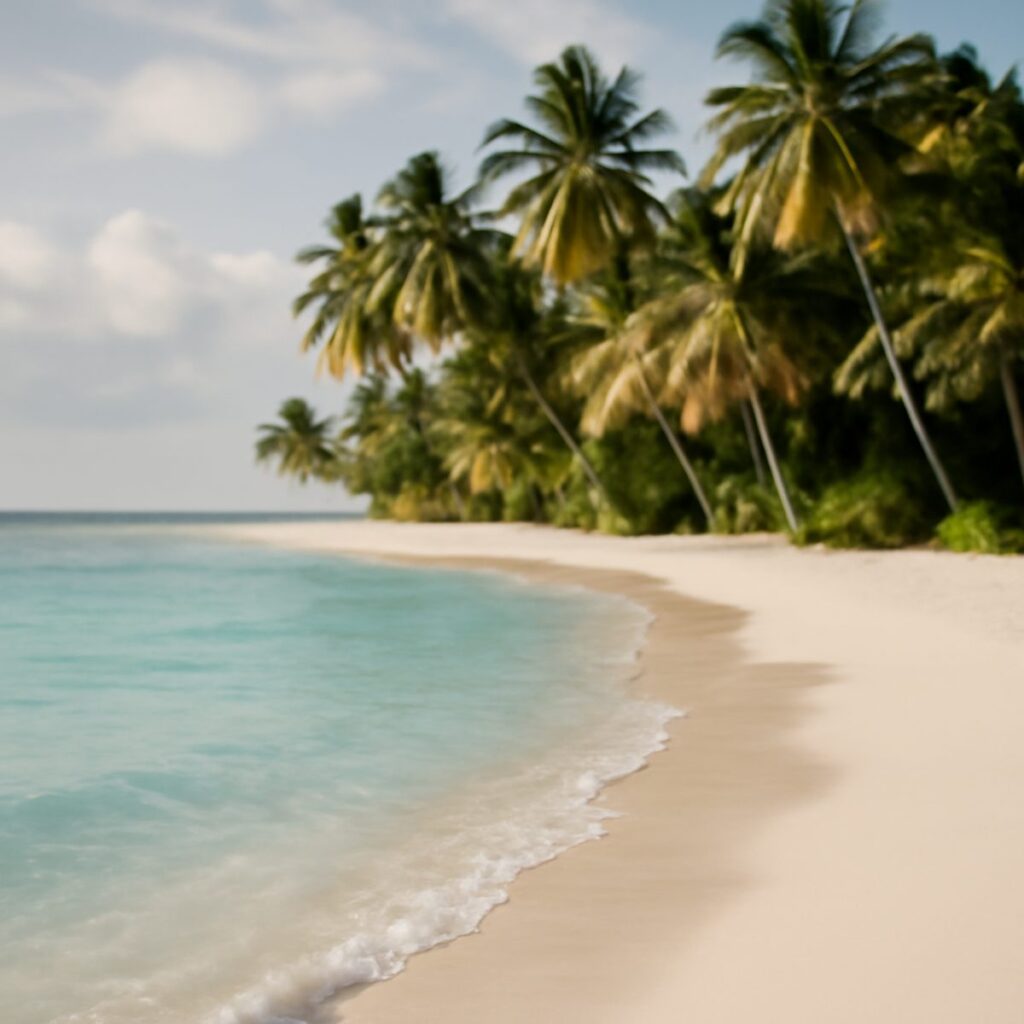 Turquoise water lapping a white sand beach with palm trees at midday