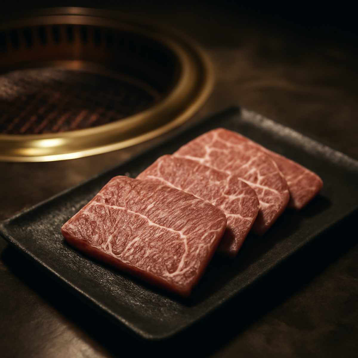 marbled raw wagyu beef slices arranged on stone plate beside charcoal grill
