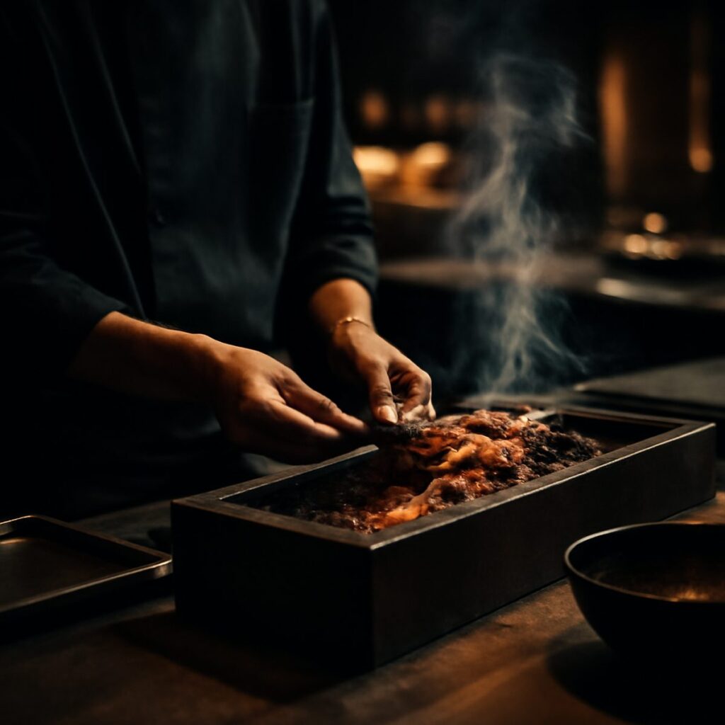 Chef grilling chicken skewers over glowing charcoal at a yakitori counter
