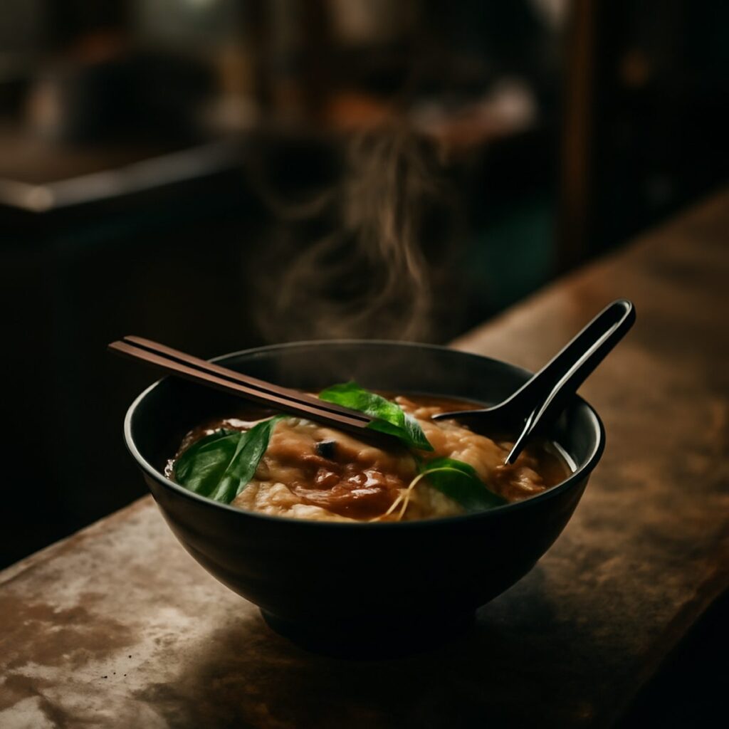 Steaming bowl of noodles at a modest hawker-style eatery counter