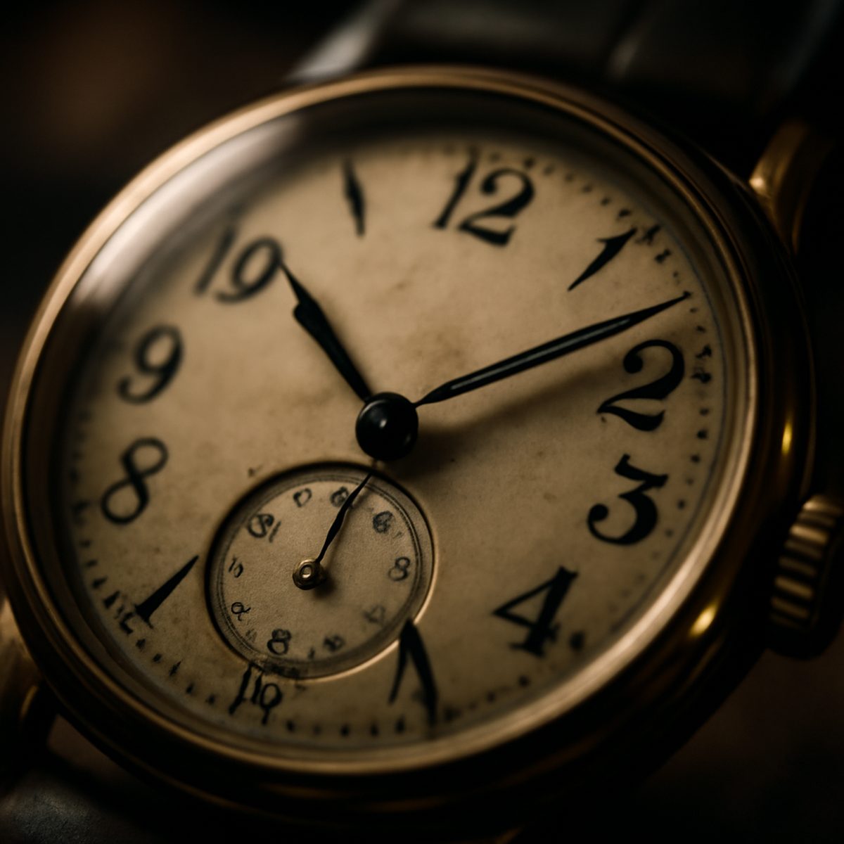 Close-up of a vintage watch face with split roman and arabic numerals