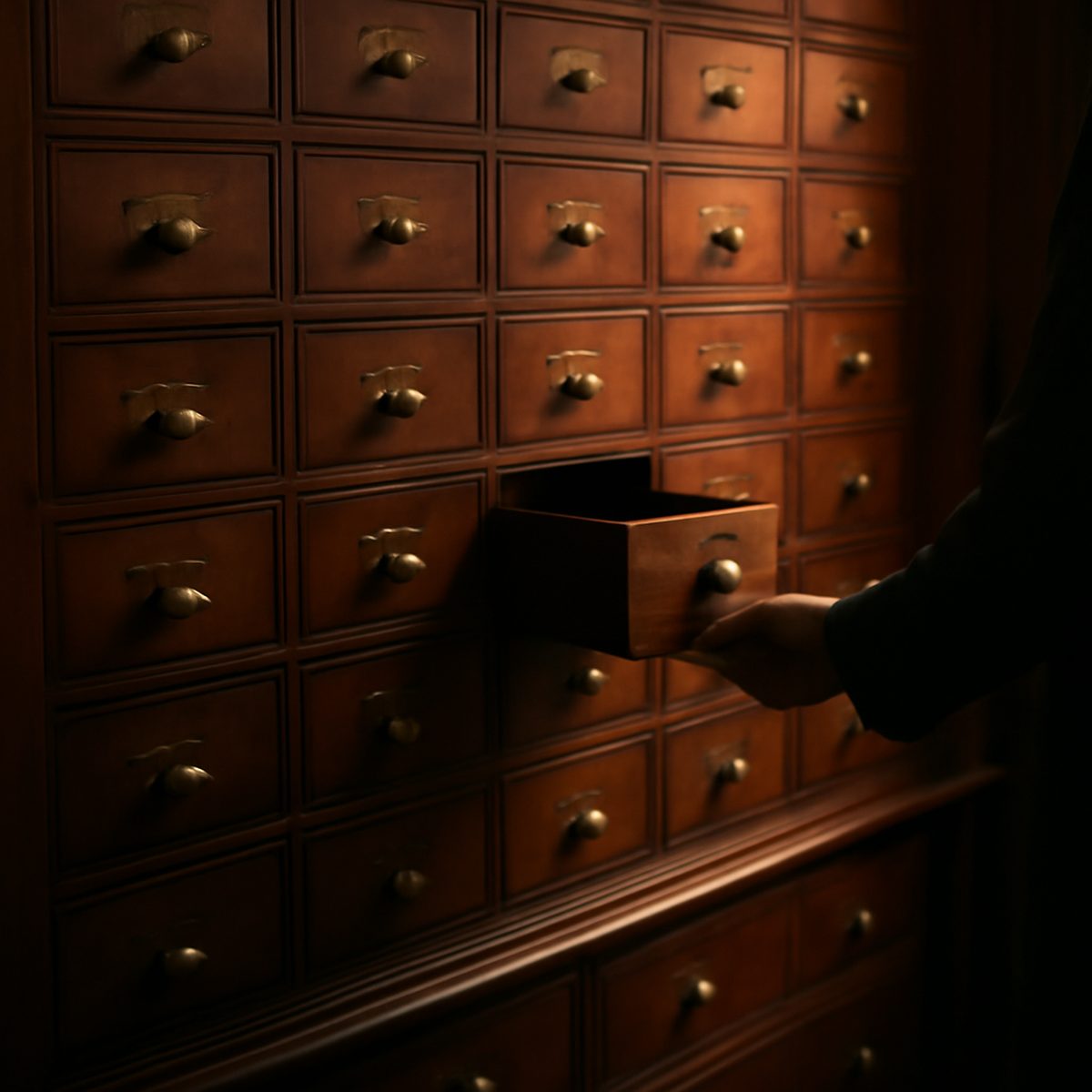 A wooden apothecary cabinet with many small brass-handled drawers in warm light