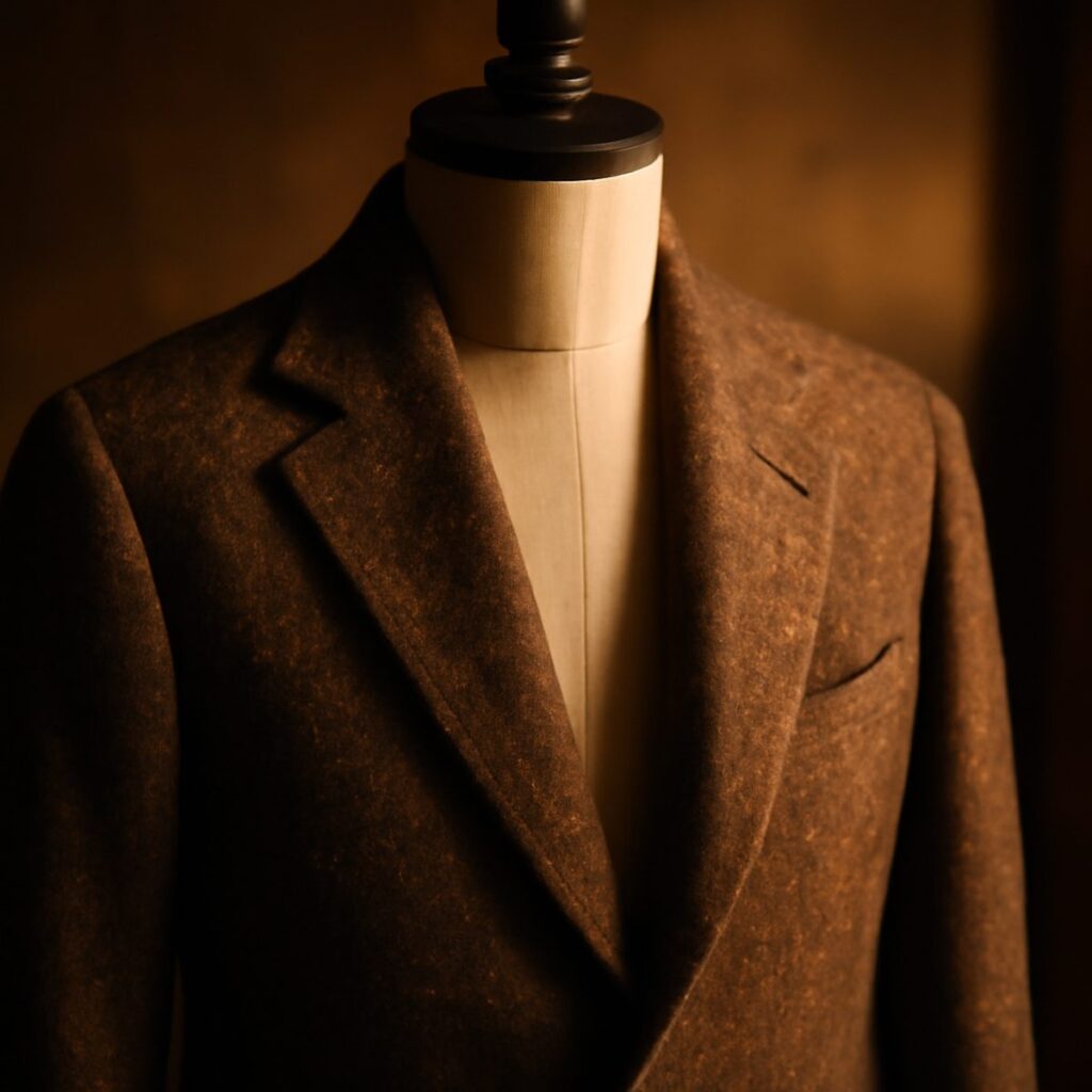 A flecked brown Donegal tweed jacket on a wooden form under warm gallery light
