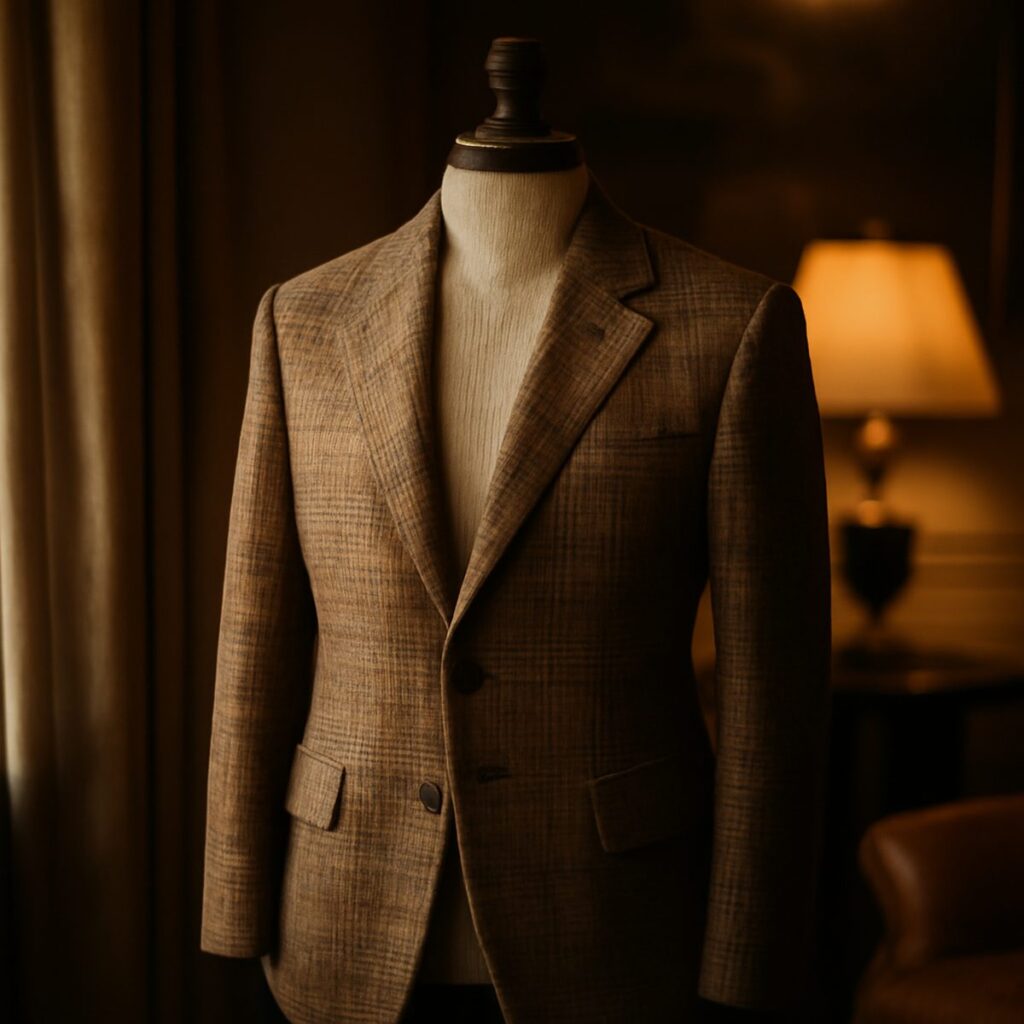 Gun club check tweed jacket on a tailor's form in warm daylight showing layered earth-toned pattern