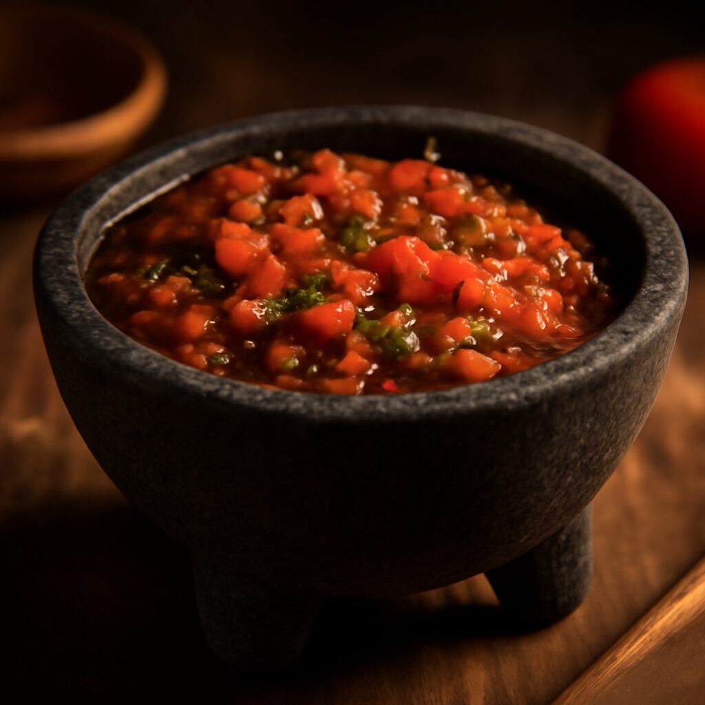 Volcanic stone molcajete filled with rough-ground salsa and a pestle in warm light