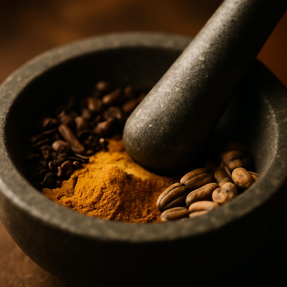 Heavy stone pestle and mortar holding crushed spices, photographed close in warm light