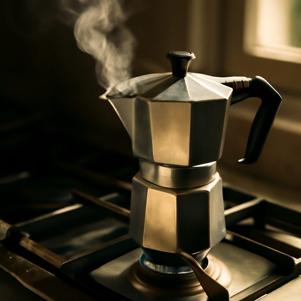 A moka pot on a stove burner with coffee brewing in early morning light