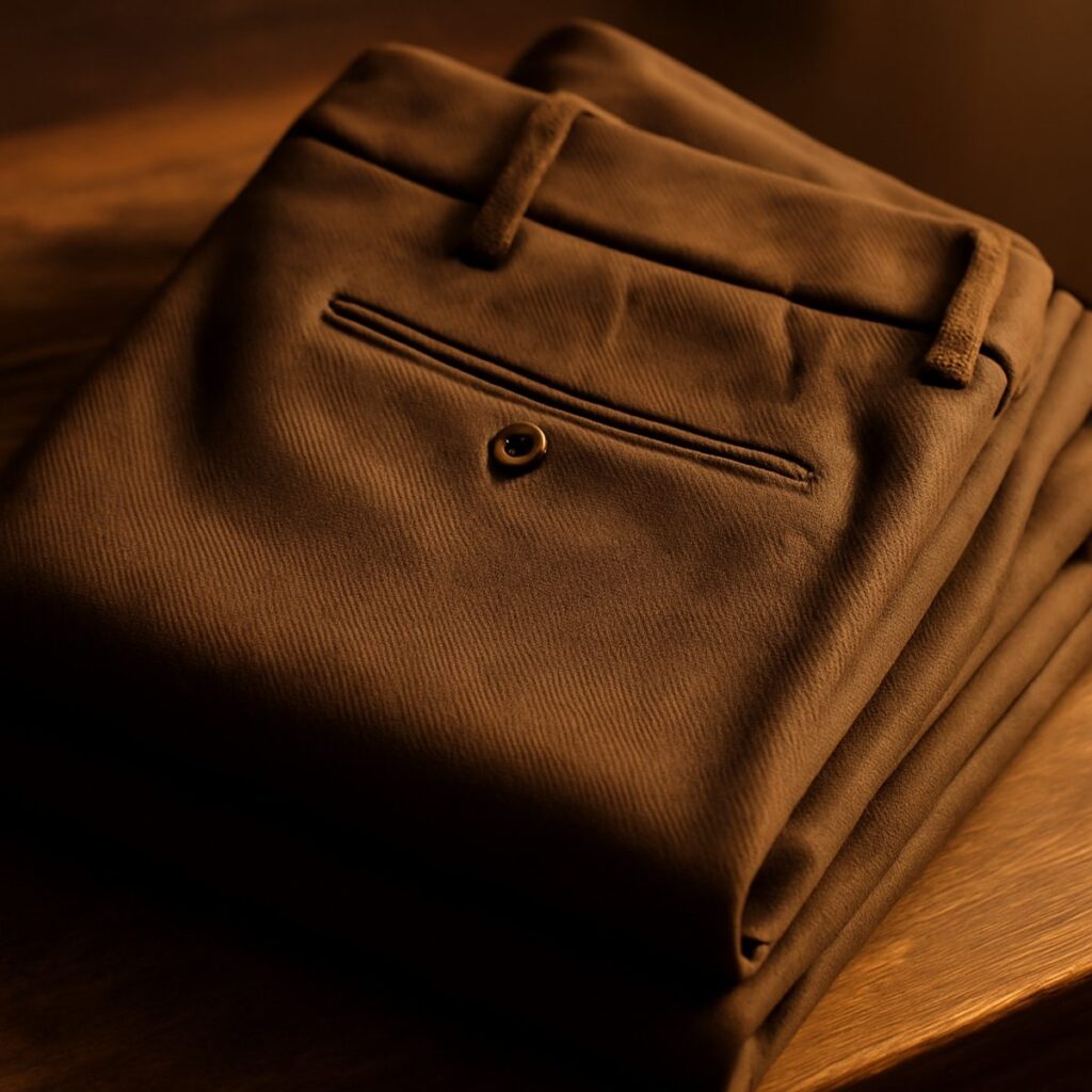Folded whipcord trousers showing the steep diagonal weave under warm natural light