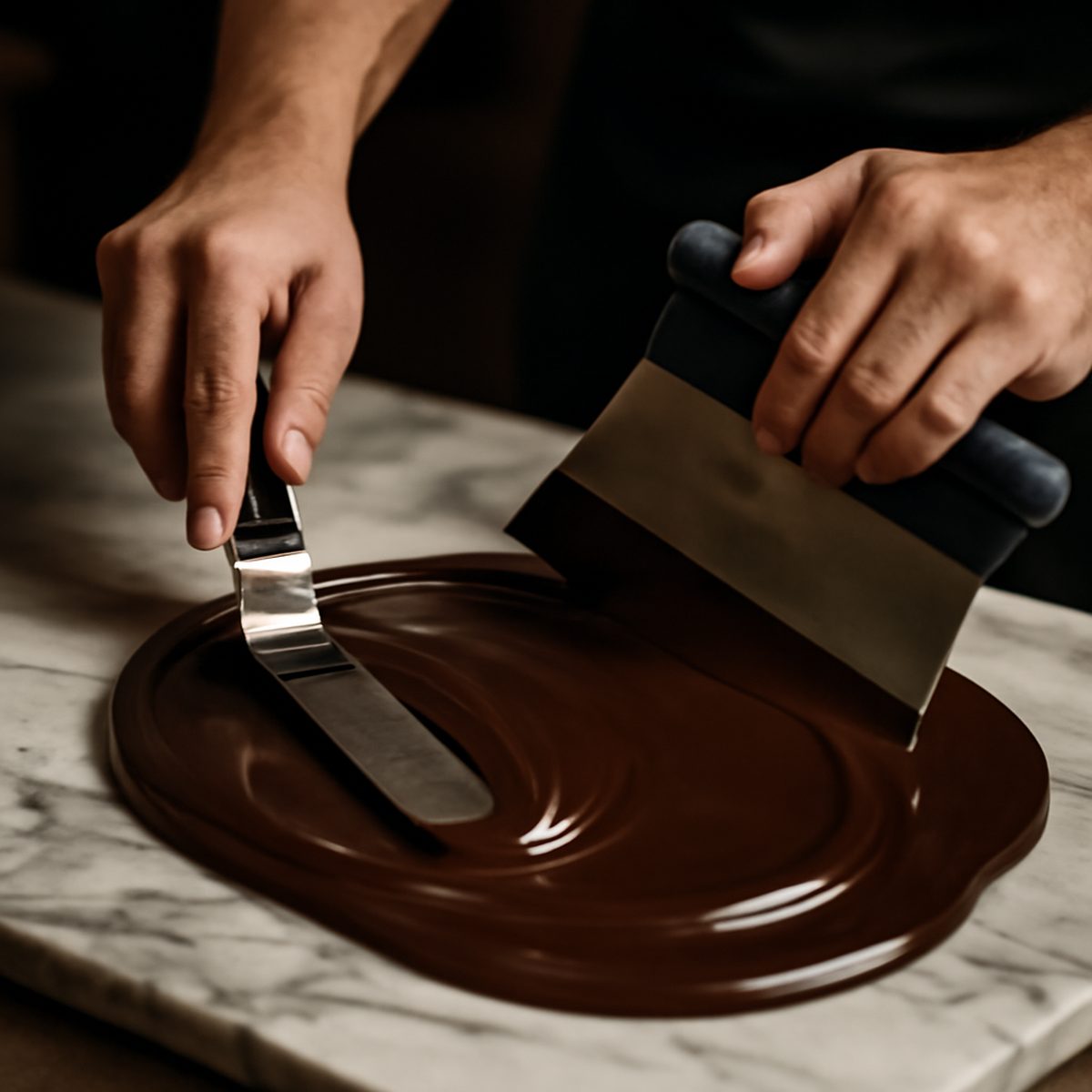hands tempering glossy dark chocolate on a marble slab