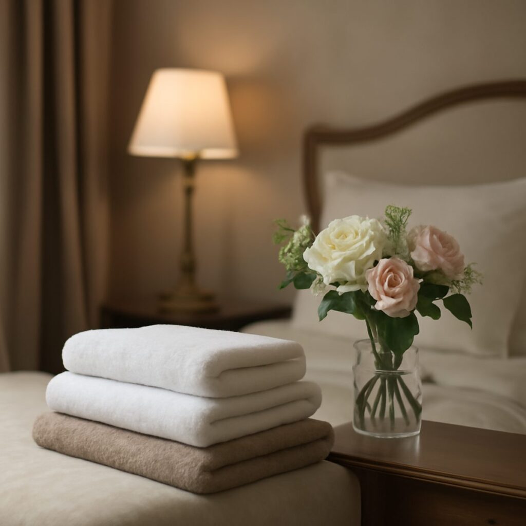 guest bedroom with folded towels and fresh flowers on bedside table