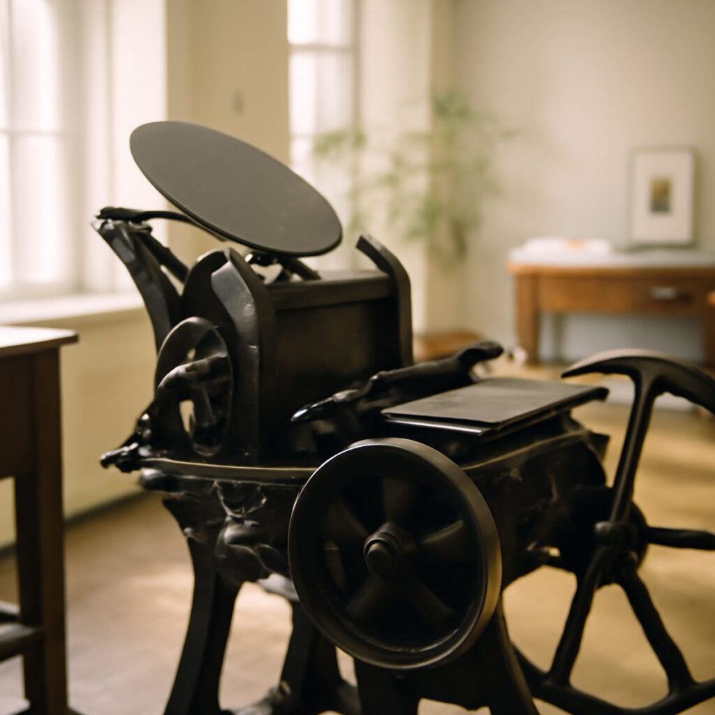 Vintage cast-iron letterpress machine set up in a bright home studio