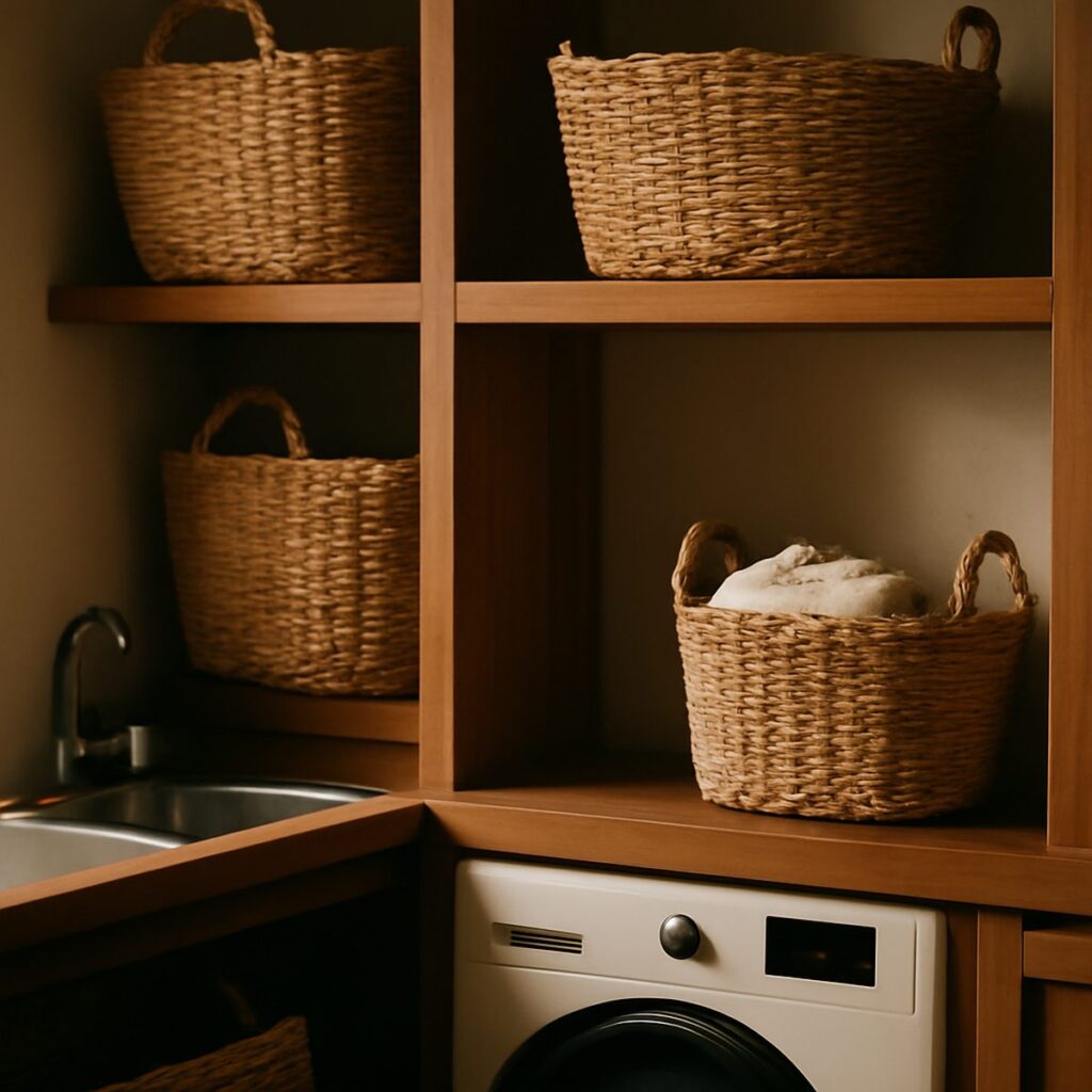 Neat utility room with woven baskets and open timber shelving