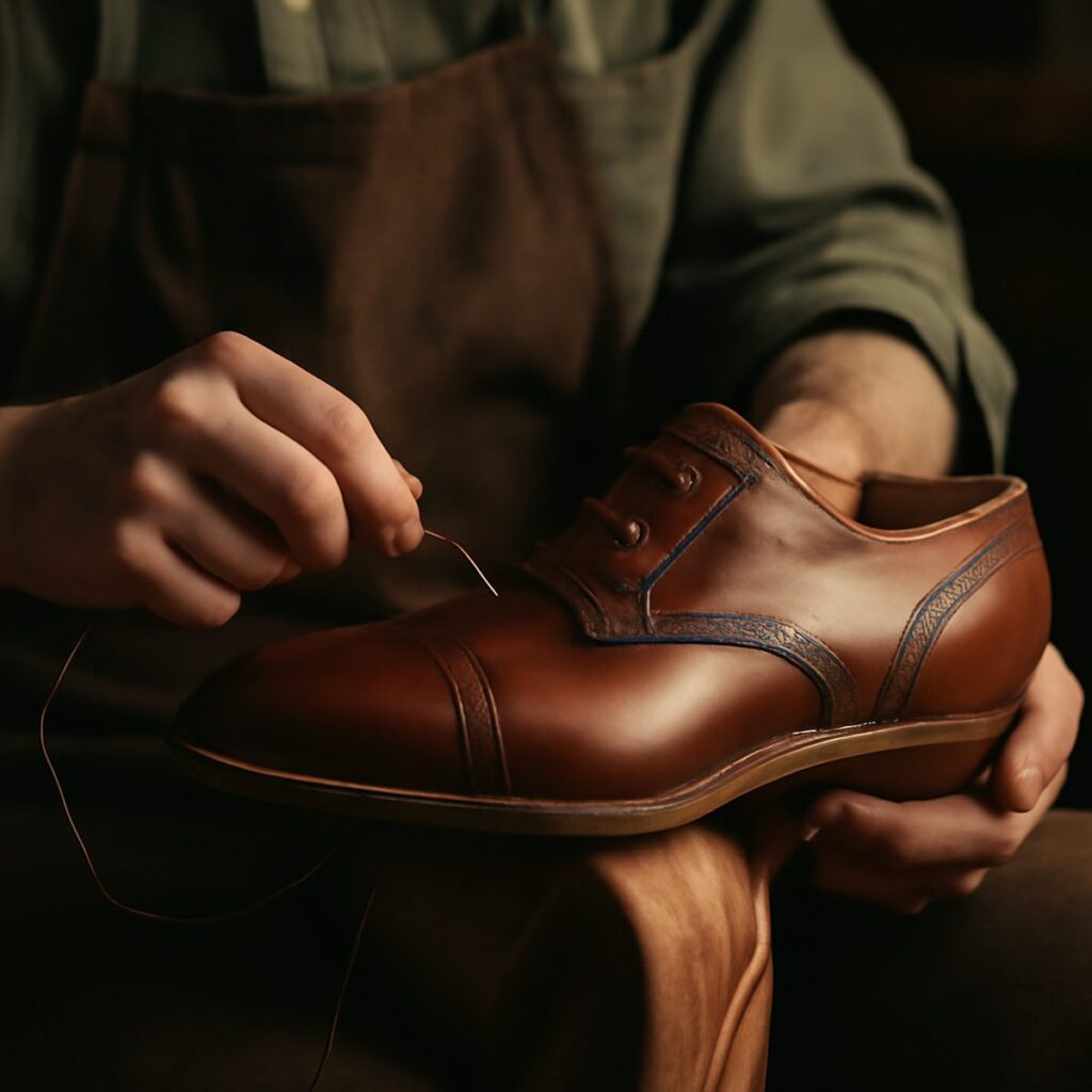Craftsman hand-stitching a leather shoe welt on a wooden last