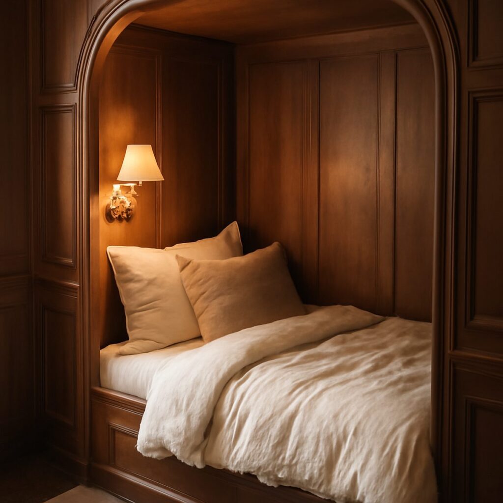 A cosy alcove bed set into timber panelling with soft lamplight and layered linen