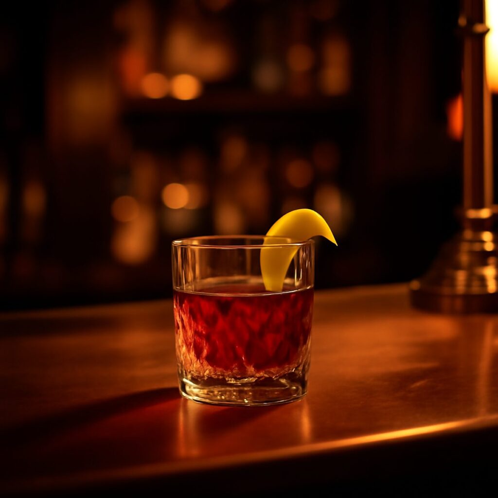 Sazerac cocktail with a twist of lemon peel on a dark bar counter in warm light