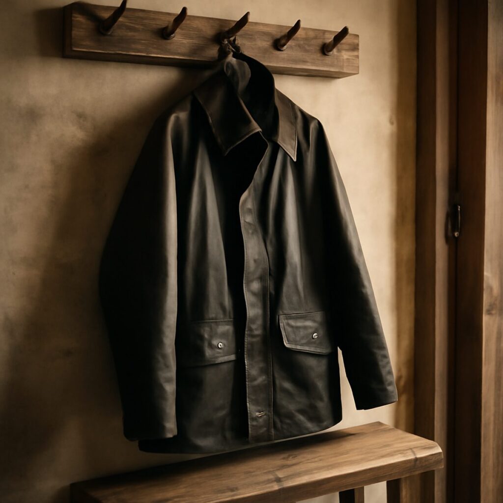 Waxed cotton barn jacket hanging on a wooden peg beside worn boots