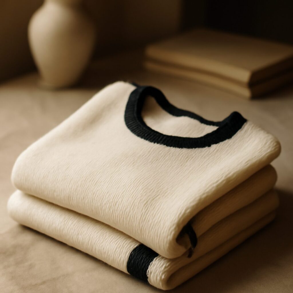 Cream wool sweater with navy and burgundy V-neck trim folded neatly