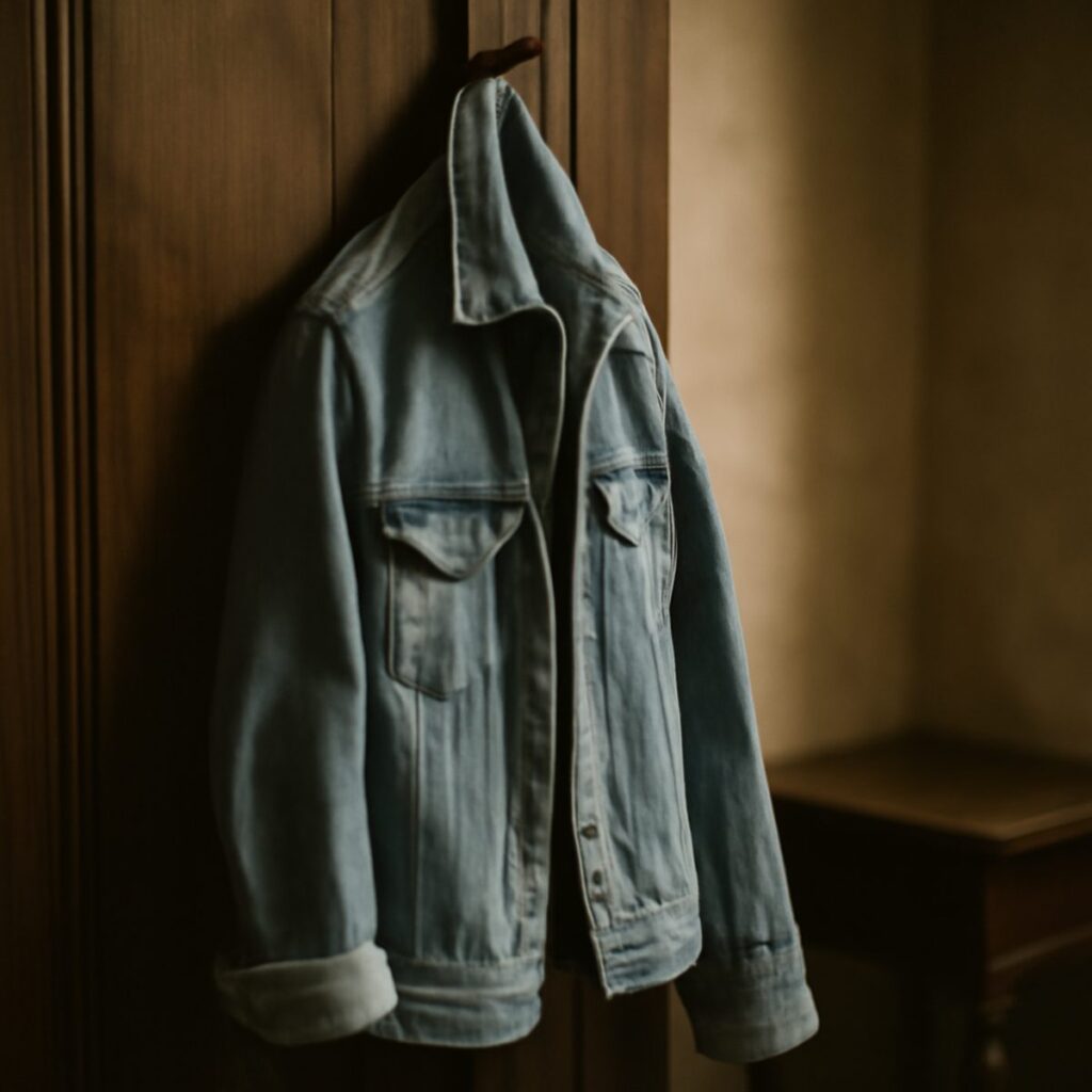 Worn denim jacket hanging on a wooden hook against white wall