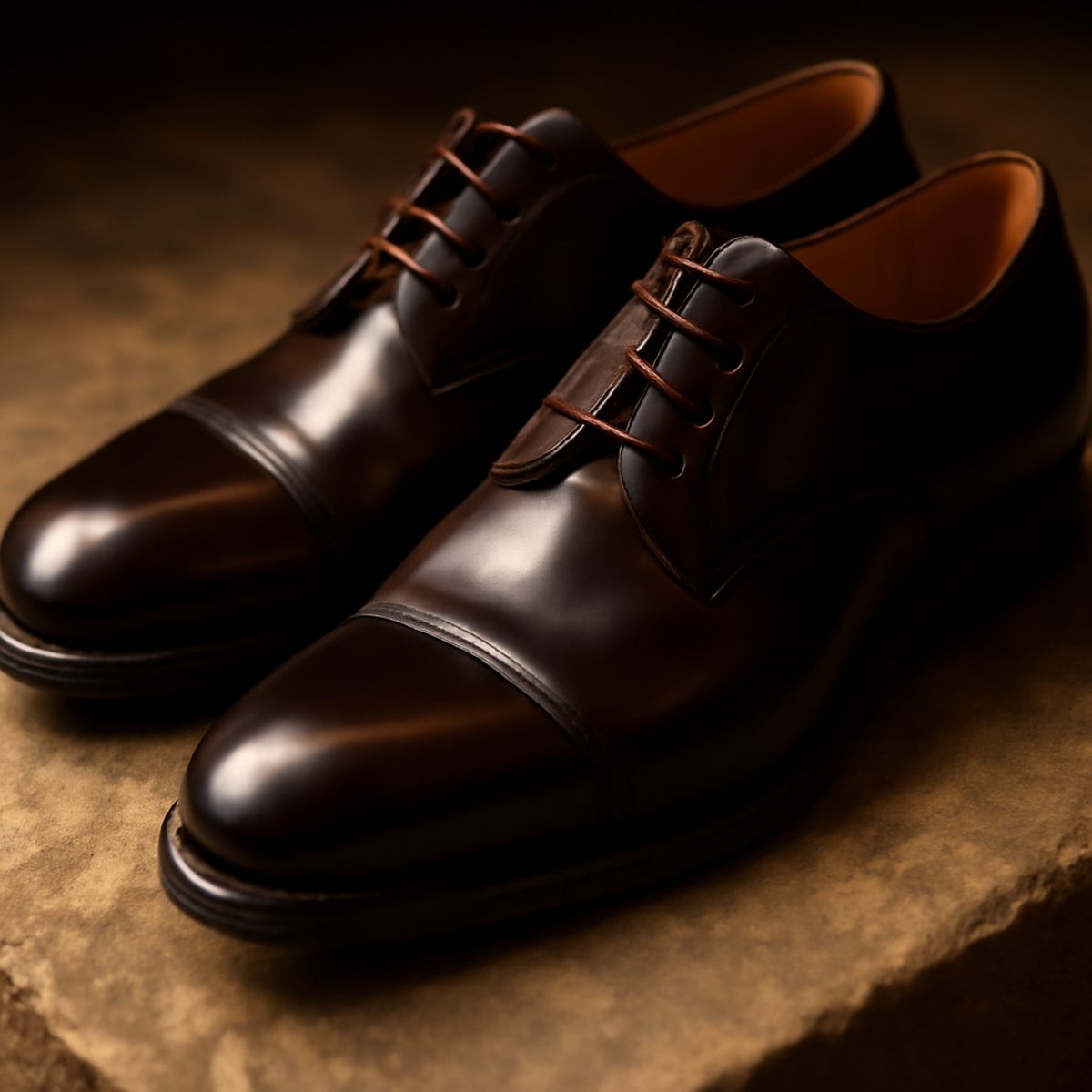 Pair of polished dark Gibson derby shoes on stone paving in warm close-up light