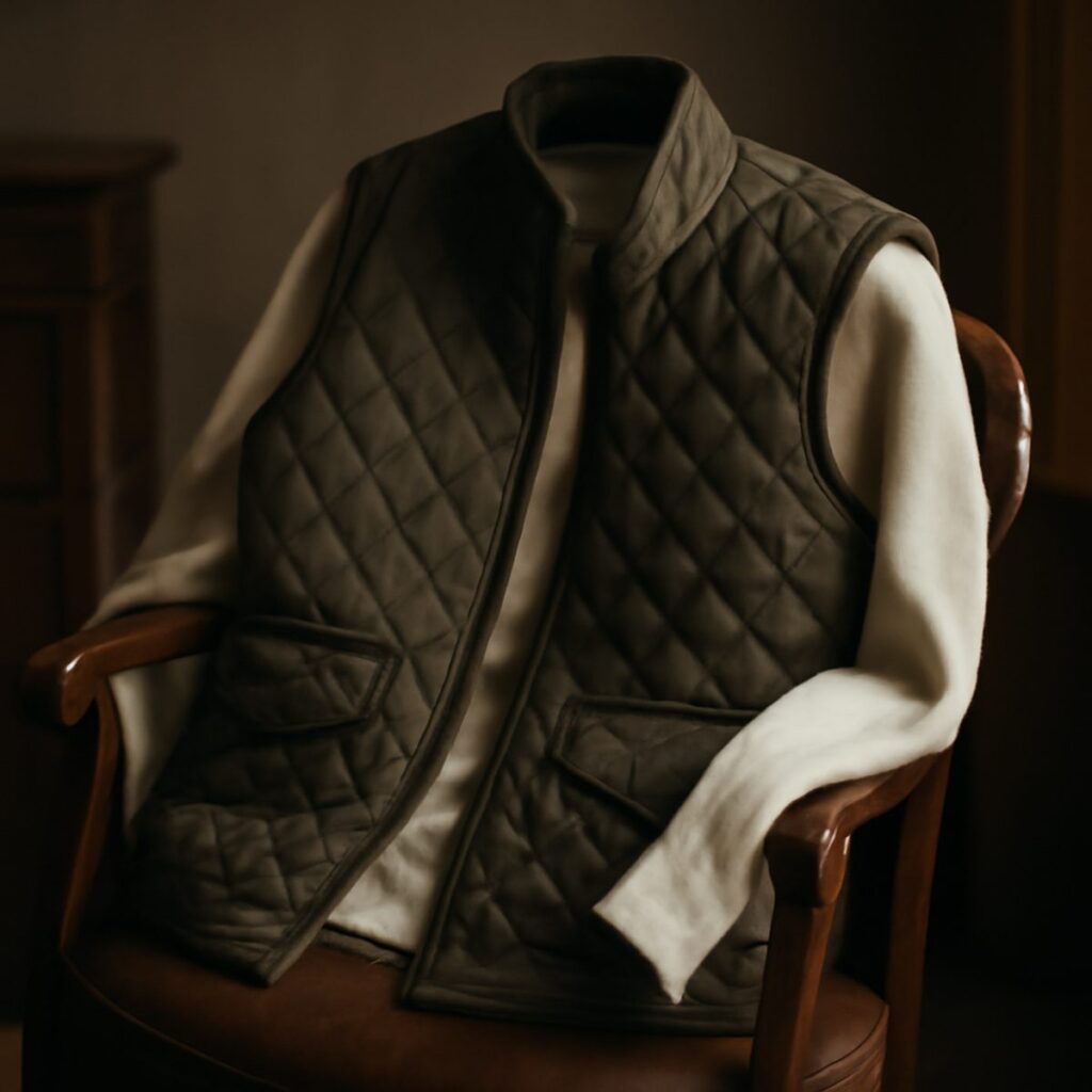 olive quilted gilet layered over a knit jumper on a wooden chair