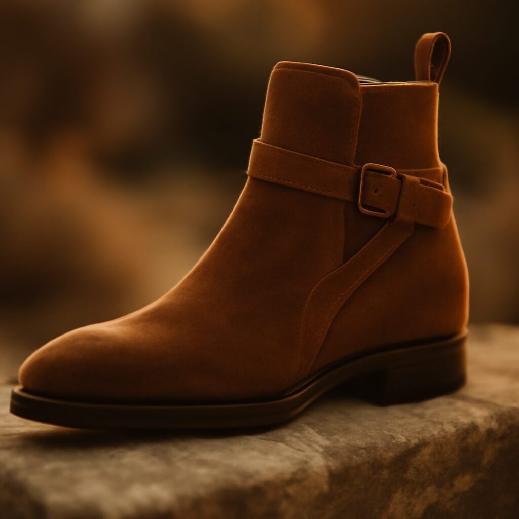 Pair of tan suede jodhpur boots with ankle strap on pale stone in warm close light