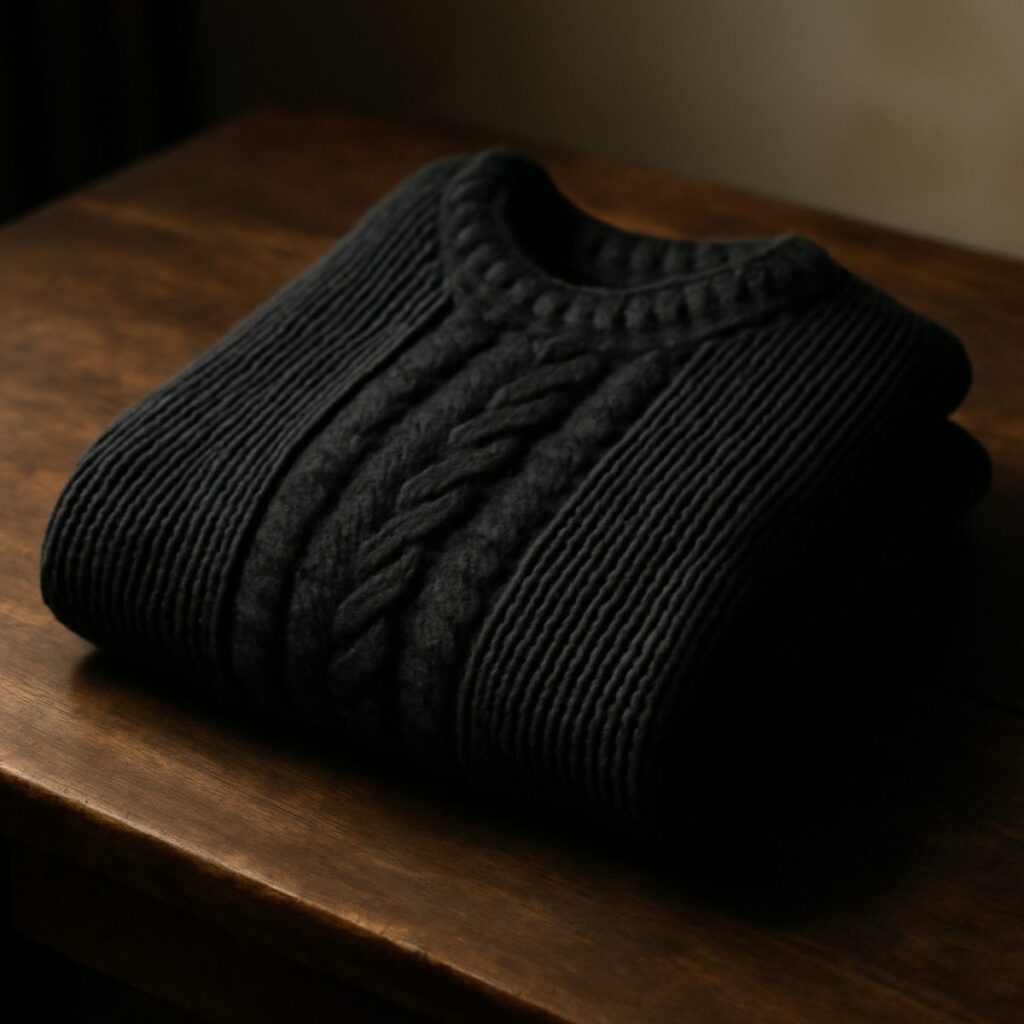 Charcoal roll-neck sweater folded neatly on a wooden surface